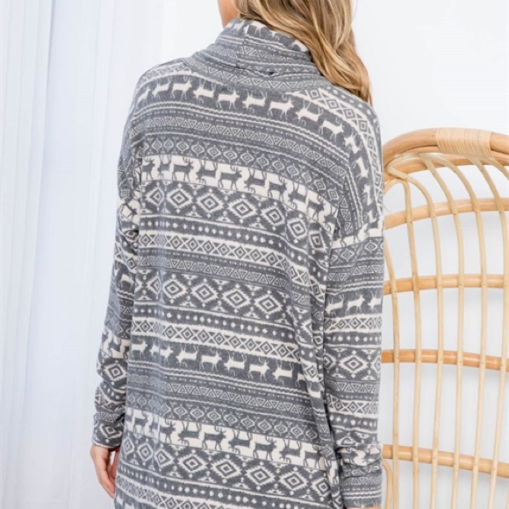 Reindeer Print Long Sleeve Tunic Cowl Neck Front knot top - Picture 7 of 11